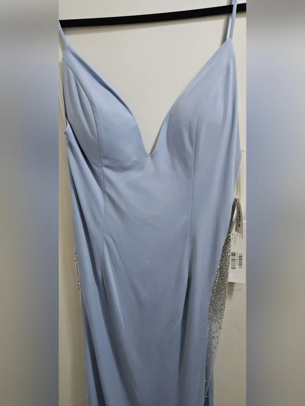 JOVANI Light Blue Backless Evening Gown with Embellished Sheer Panels